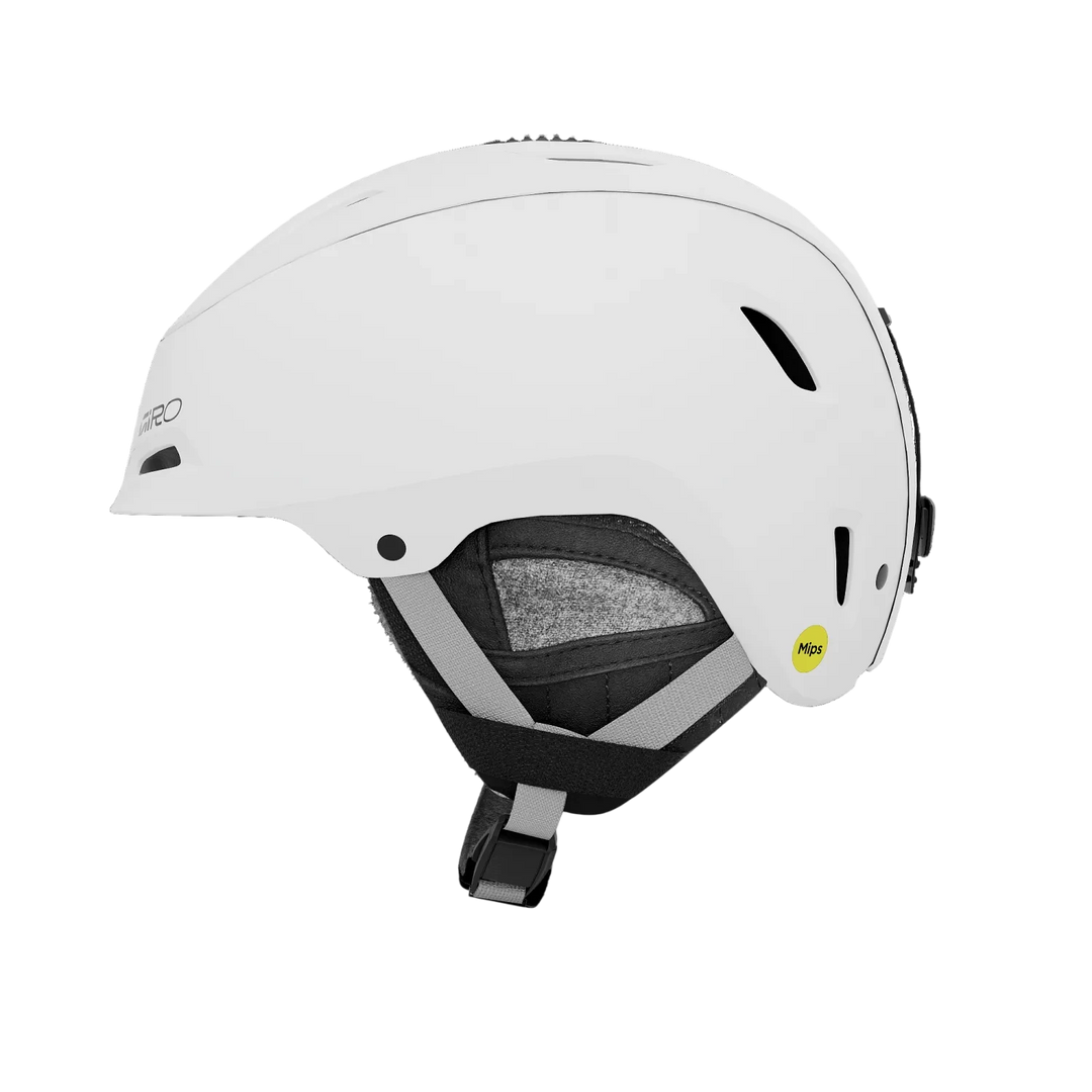 Side view of Giro Stellar MIPS Helmet in White showing Fidlock buckle and vents