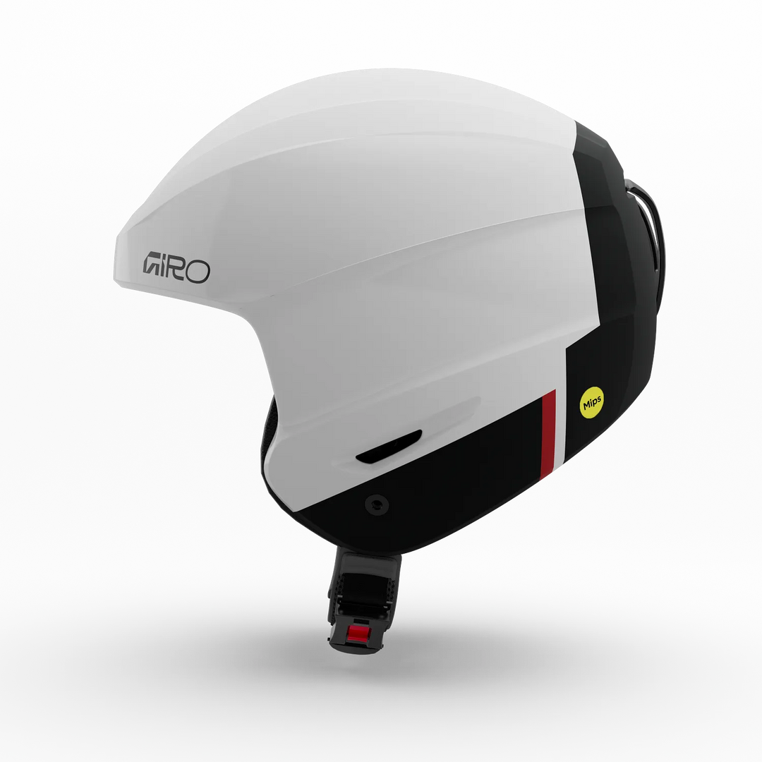 Side profile of Giro Strive MIPS Helmet white showing shell and chin. strap.
