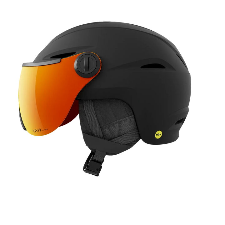 Side view of Giro Vue MIPS VIVID Helmet Matte Black/Vivid Ember showing ventilation and fit dial