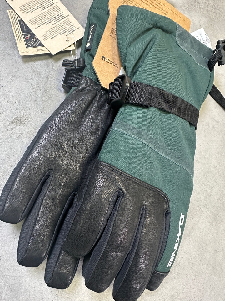 Pair of green and black gloves with a visible brand logo on a gray surface.