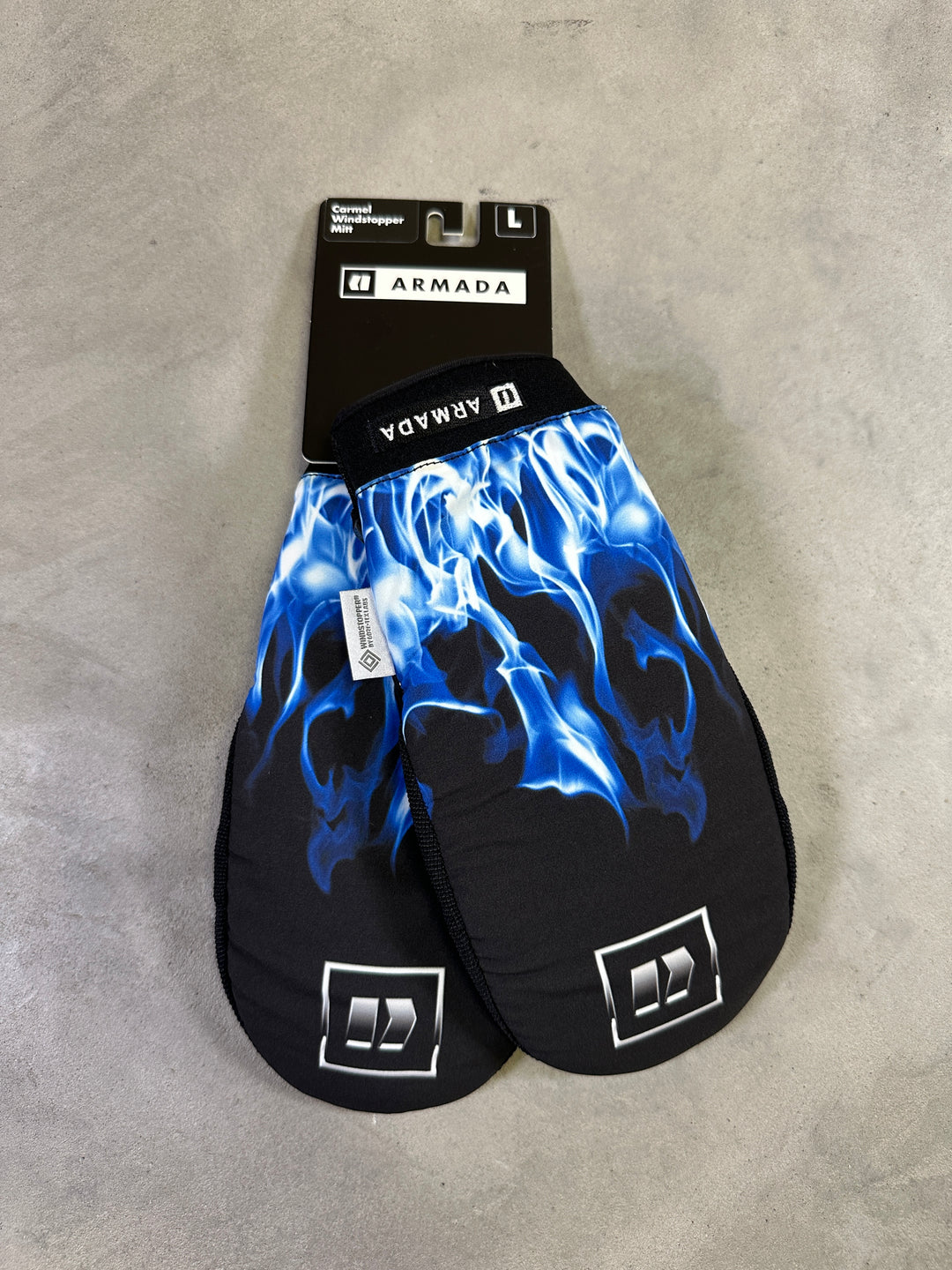 Carmel GORE WINDSTOPPER mitt with windproof lining, silicone palm grip, and neoprene cuff for winter protection.