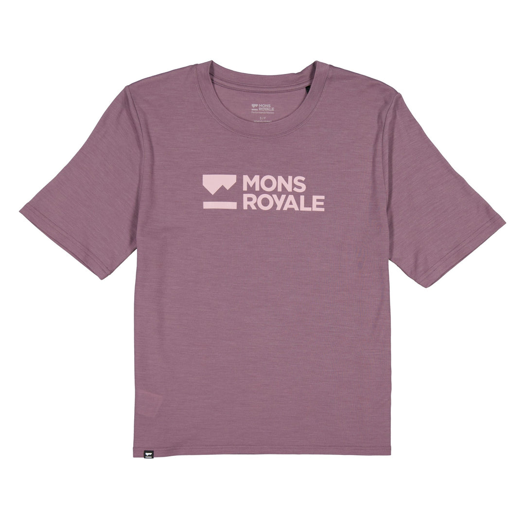 Purple t-shirt with 'Mons Royale' logo on a white background