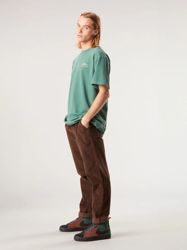 Person wearing a green t-shirt and brown pants on a white background