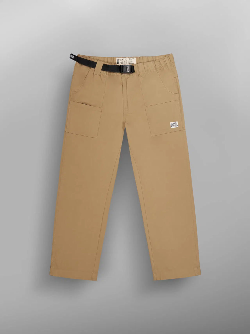 Beige pants with a black belt on a gray background