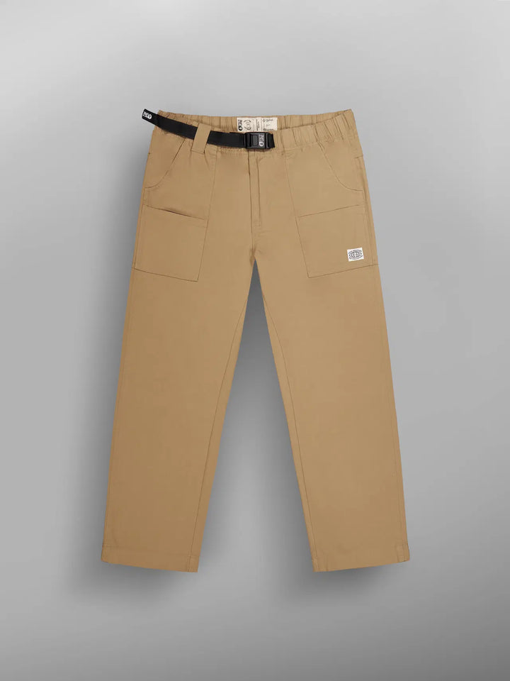 Beige pants with a black belt on a gray background