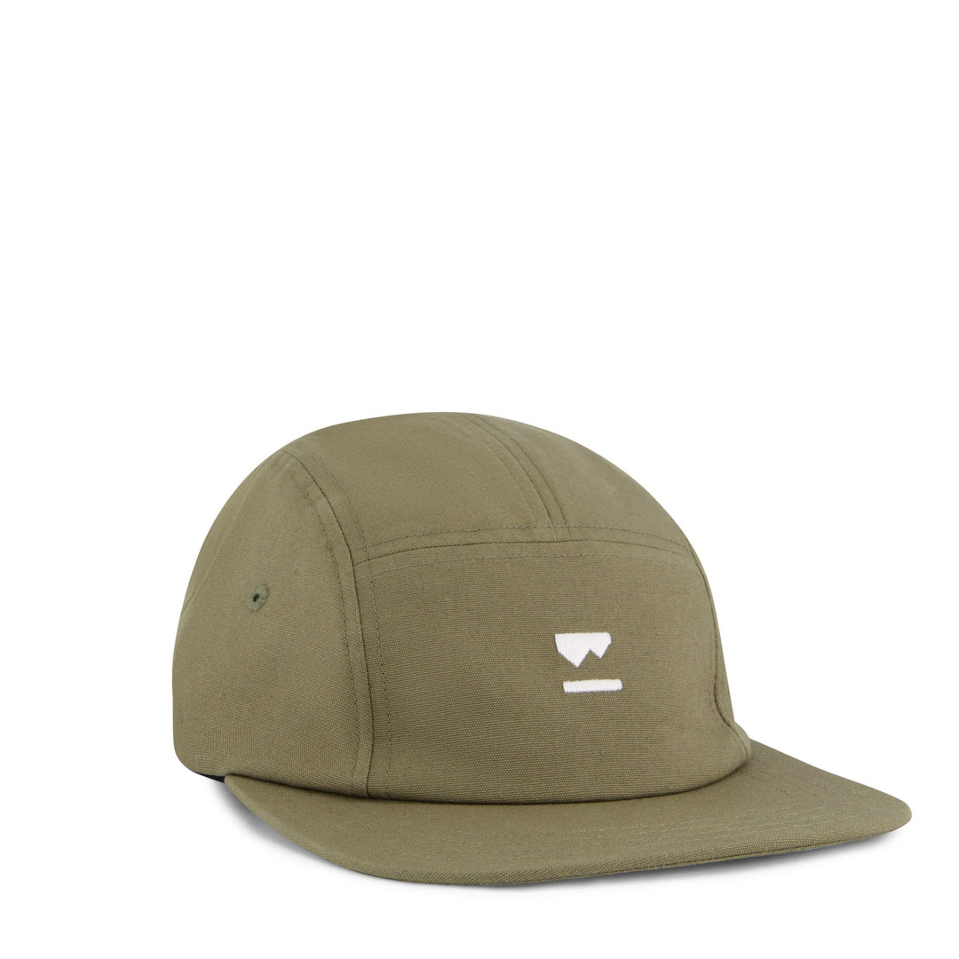 Olive green cap with a small logo on a white background