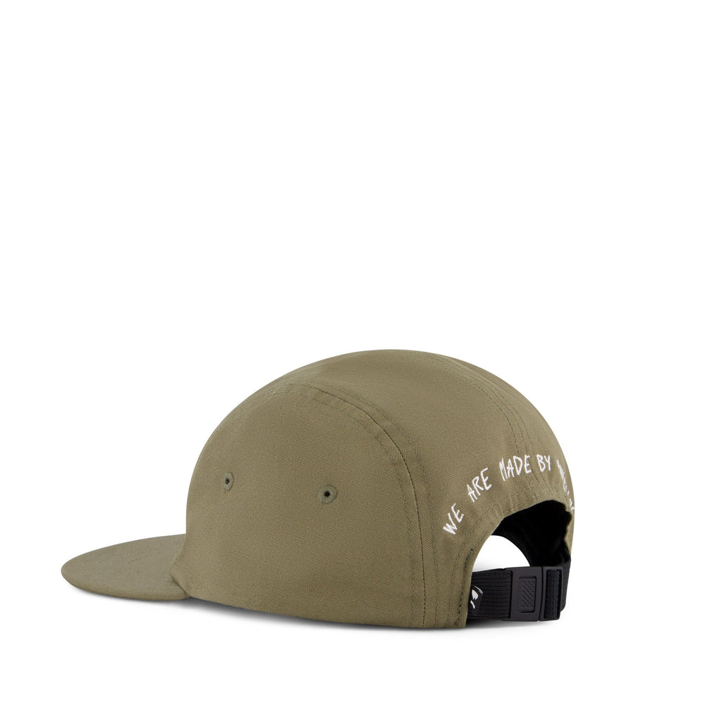 Khaki cap with text on a white background
