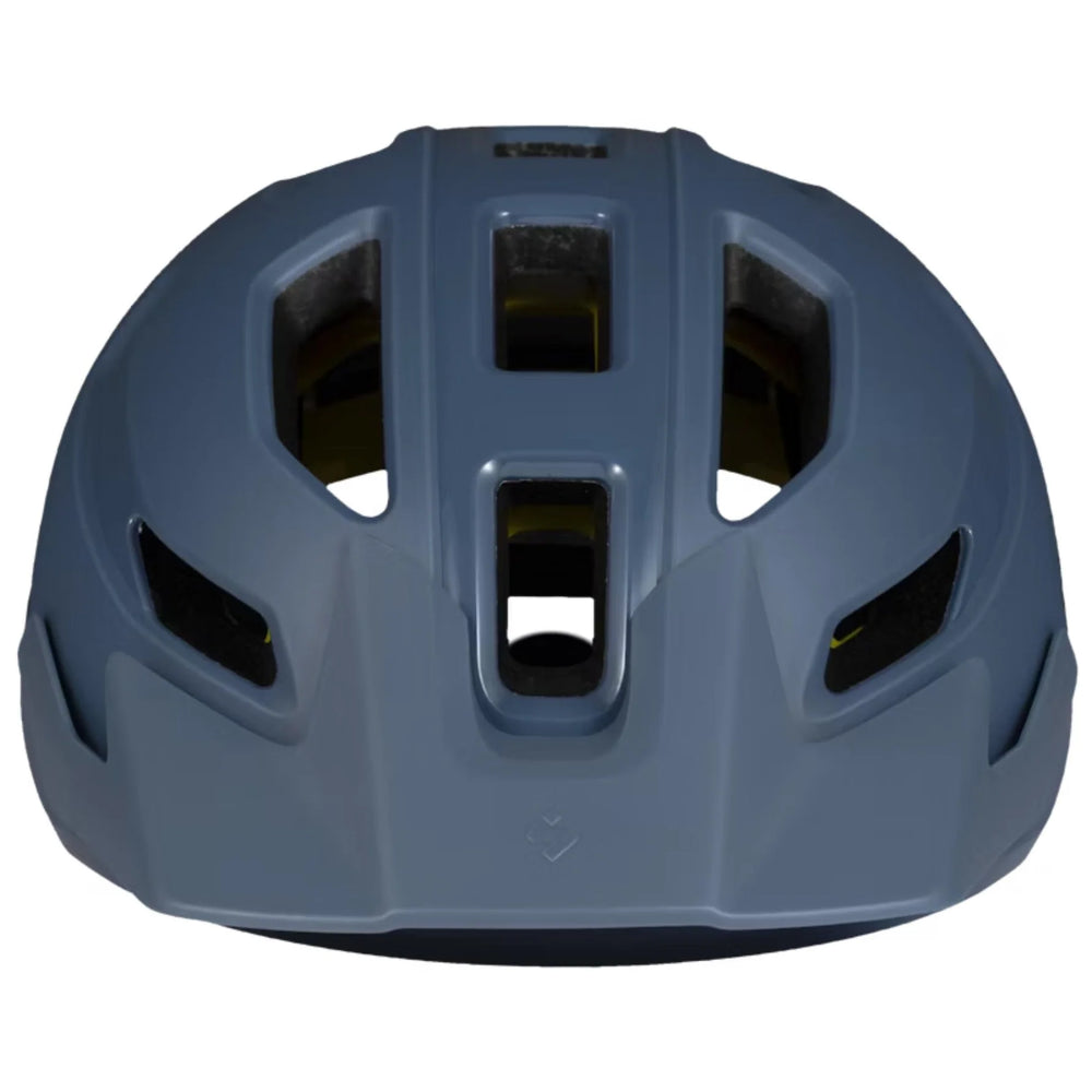 Blue helmet with multiple air vents on a white background
