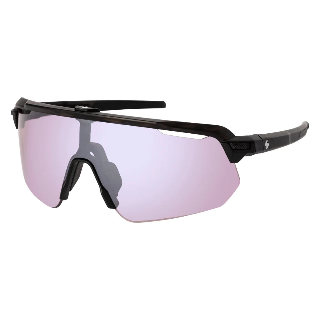Black sunglasses with pink-tinted lenses on a white background
