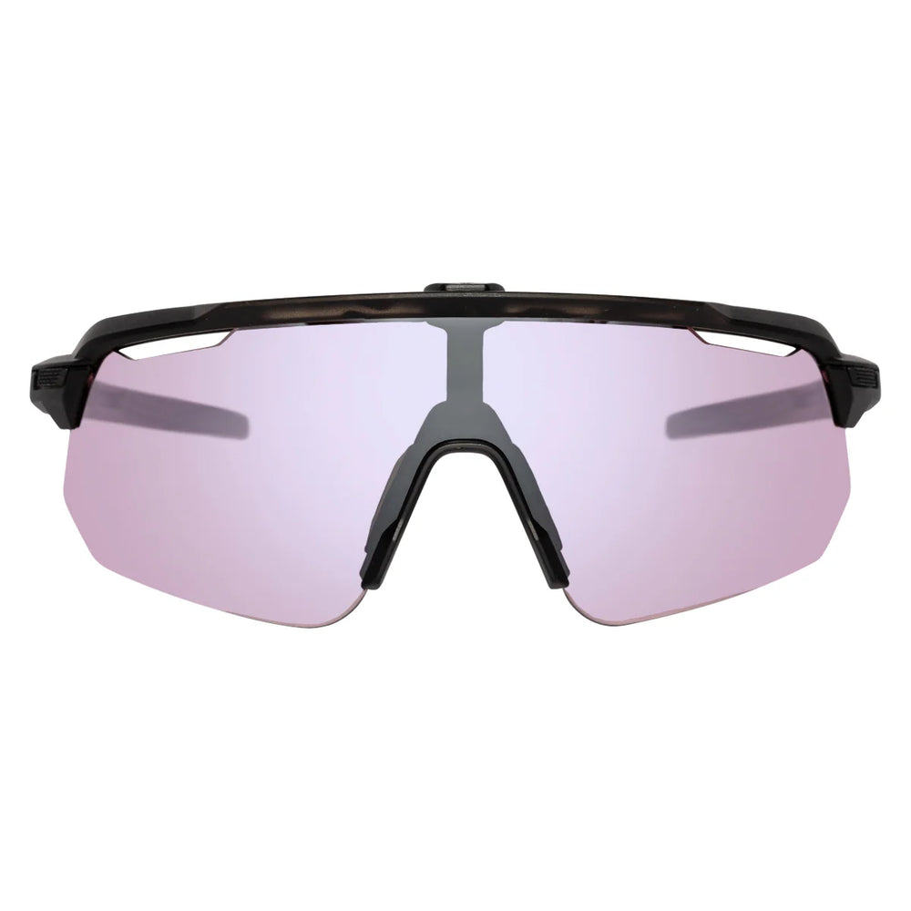 Sunglasses with black frame and pink lenses on a white background