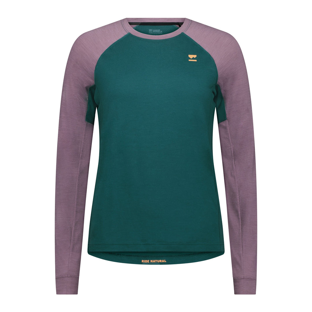 Green and purple long-sleeve shirt with a logo on a white background