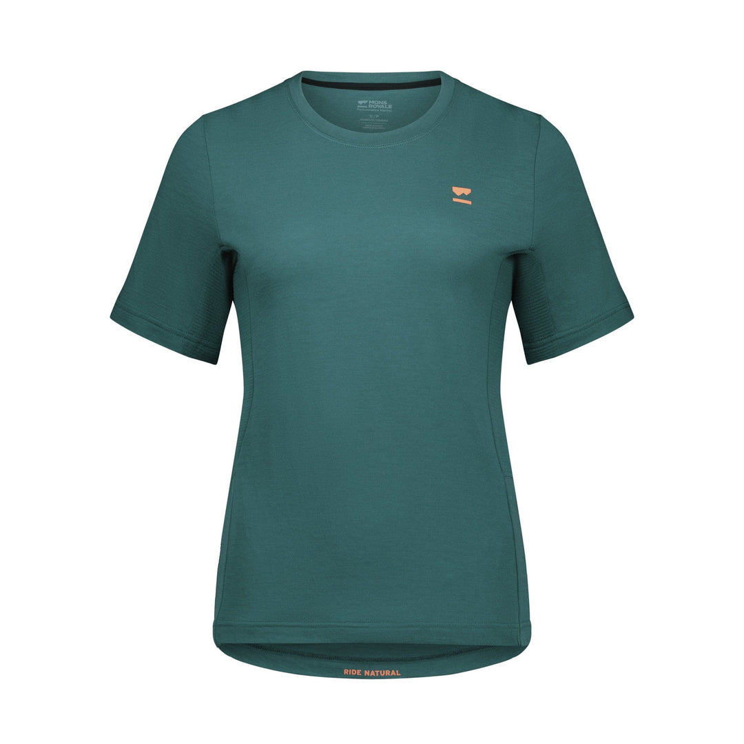 Green t-shirt with a small logo on a white background