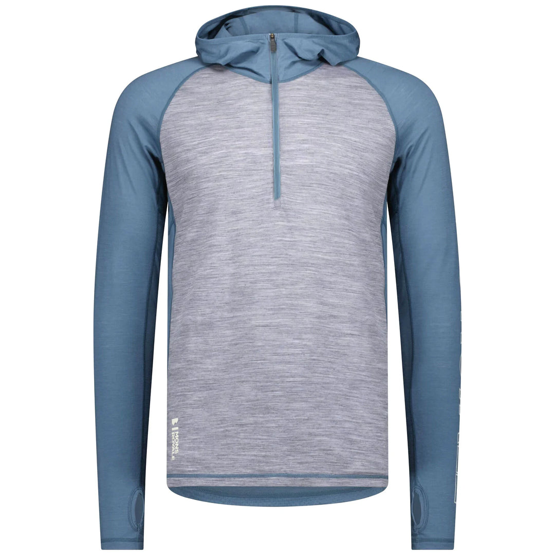 Mons Royale Temple Merino Long Sleeve Hood for men. Lightweight, breathable merino base layer with hood for warmth, comfort, and outdoor performance.