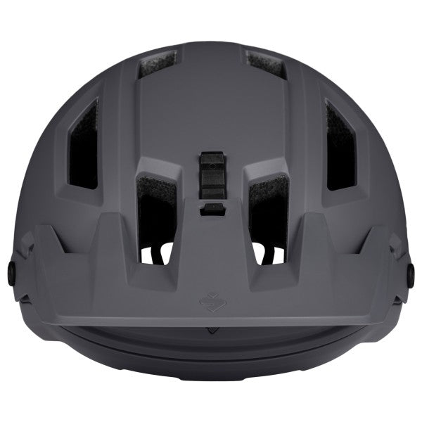 Dark gray helmet with a strap on a white background