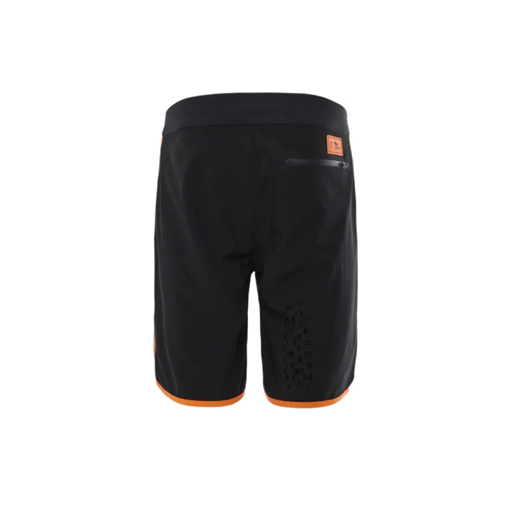 Black athletic shorts with orange accents 