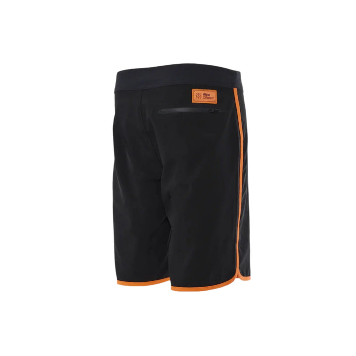 Black shorts with orange accents on a white background
