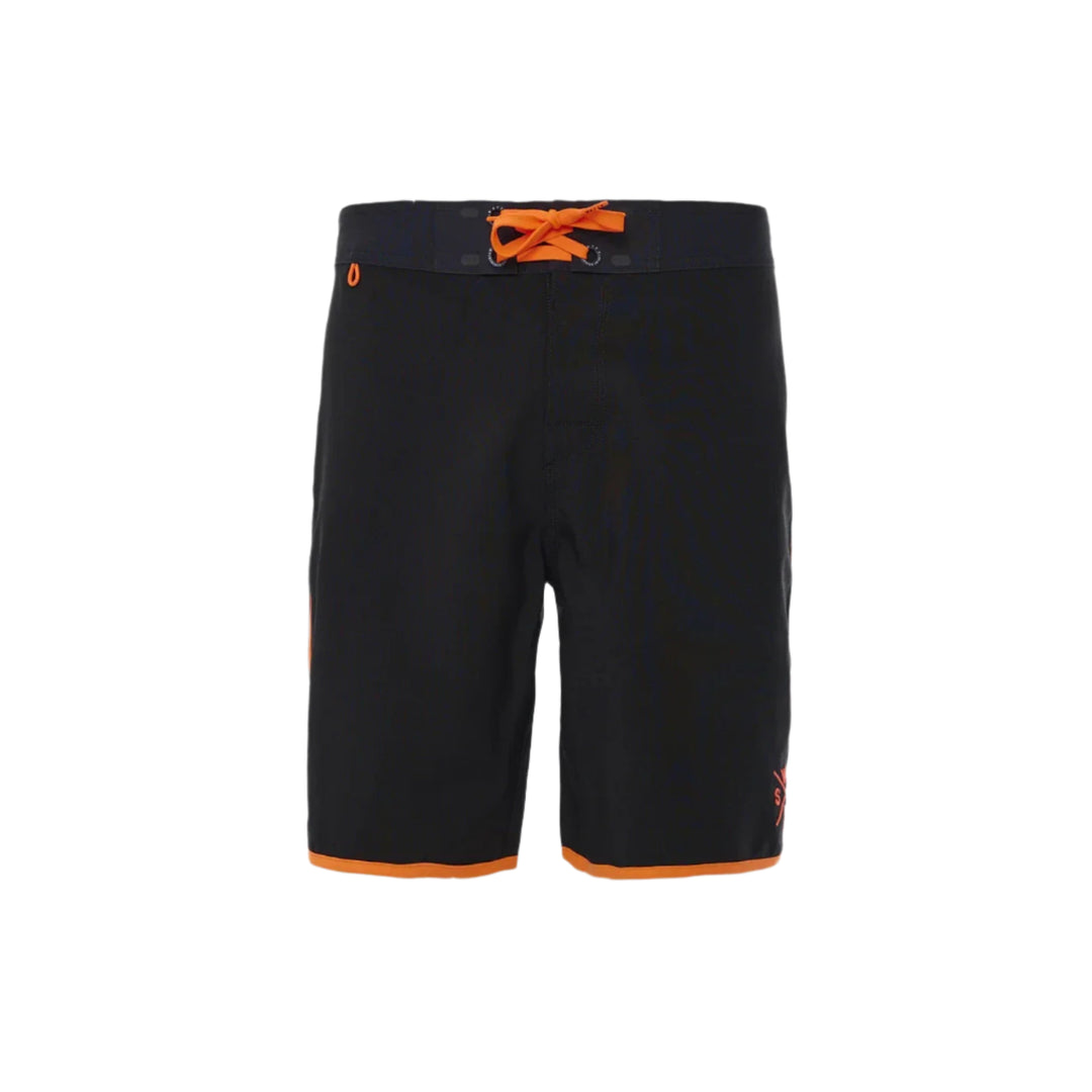 Black shorts with orange accents on a white background