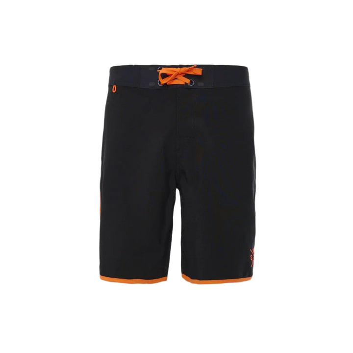 Black shorts with orange accents on a white background