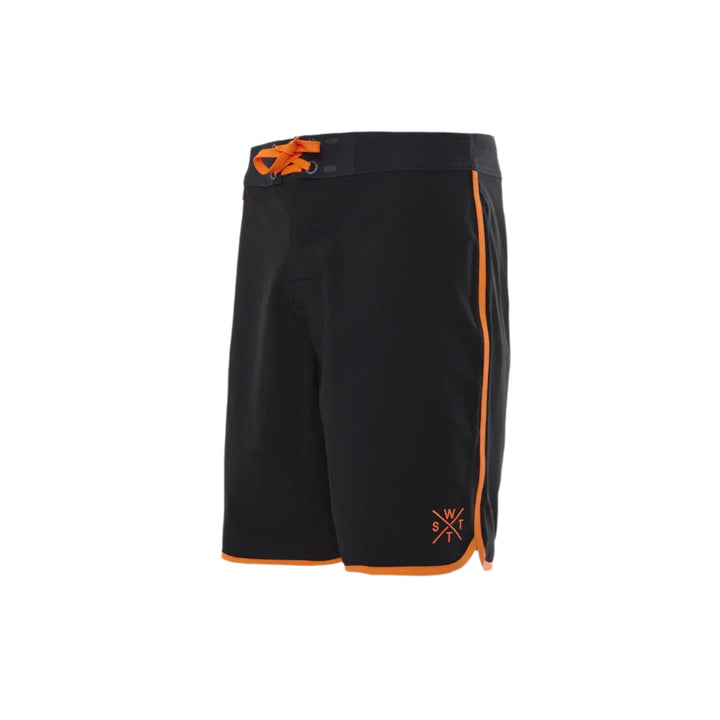 Black shorts with orange accents and a logo on a white background