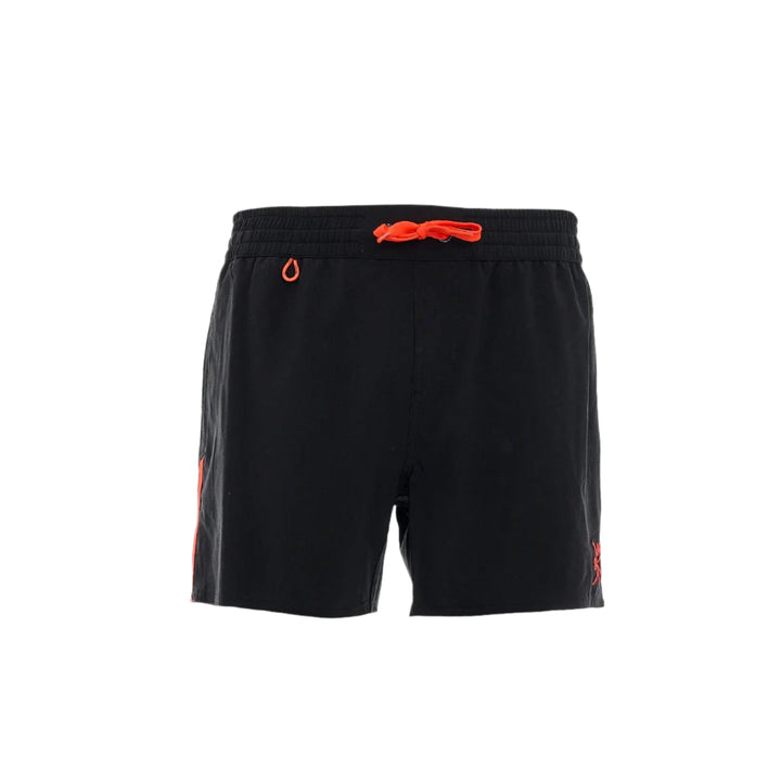 Black shorts with orange accents on a white background