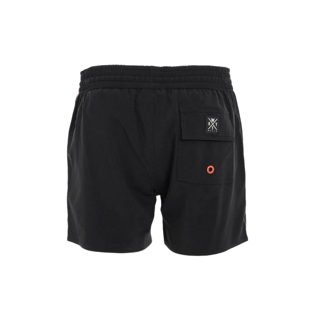 Black shorts with a small logo on a white background