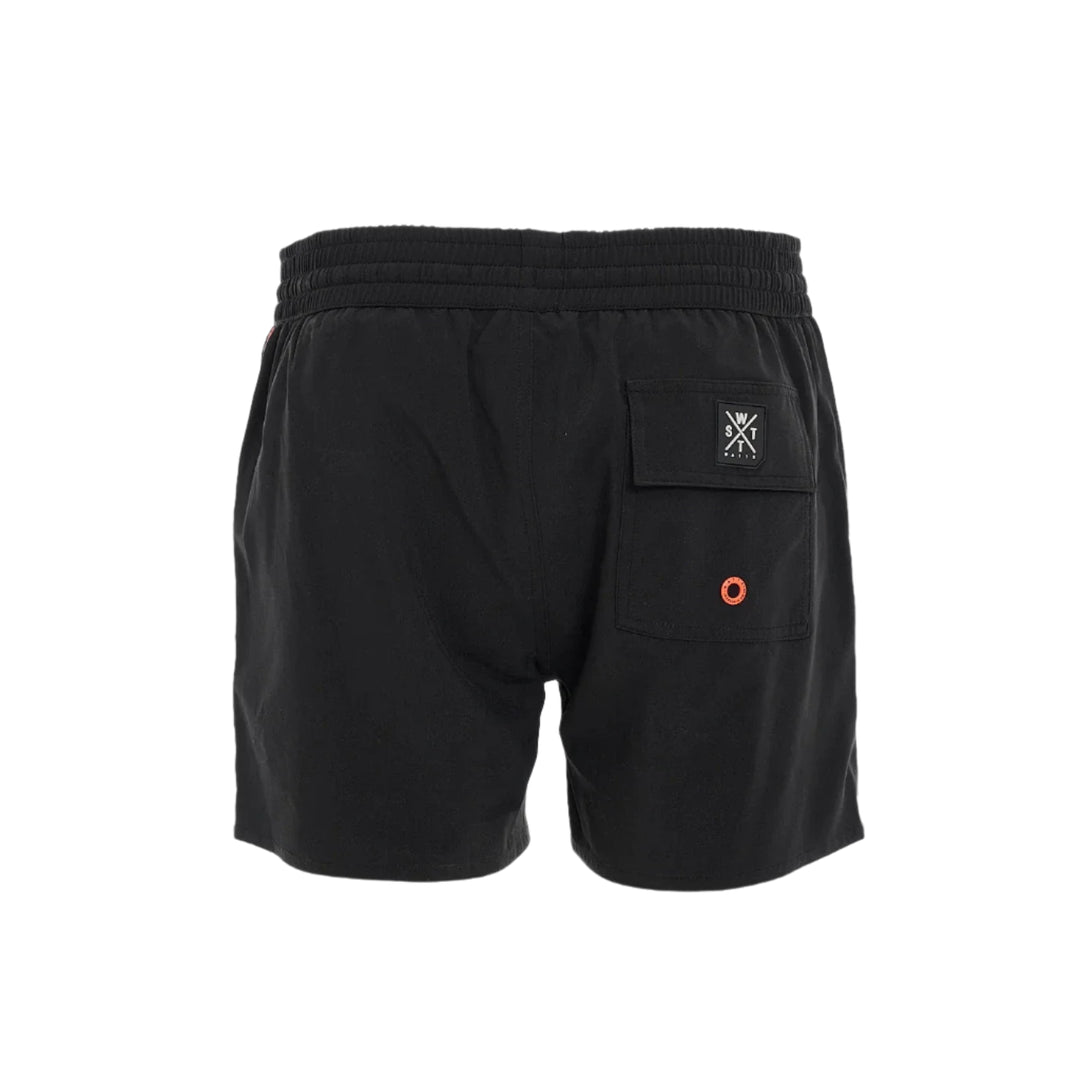 Black shorts with a small logo on a white background