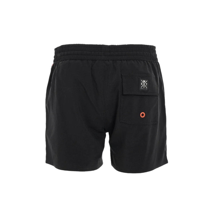 Black shorts with a small logo on a white background