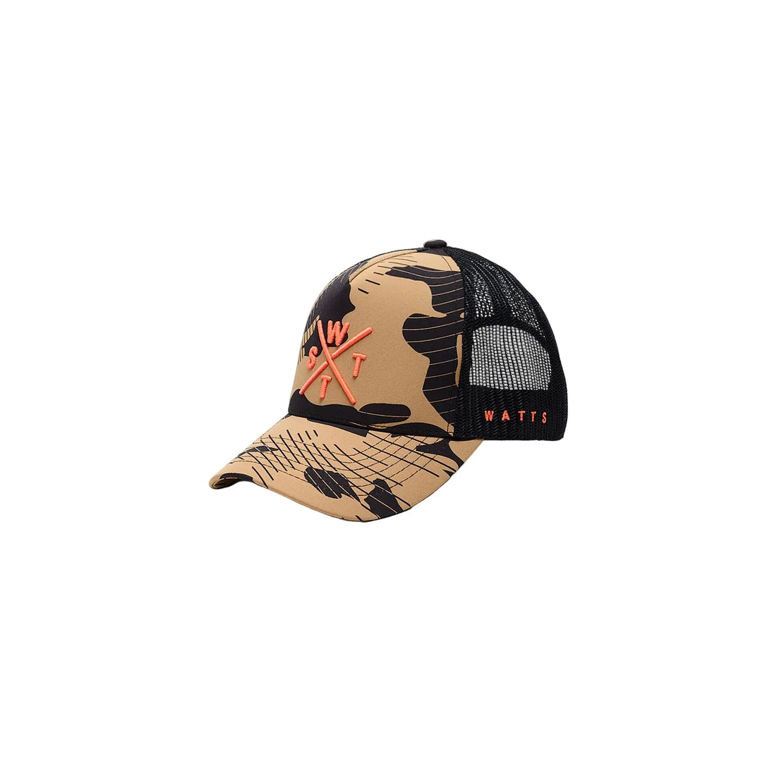 WATTS Tribe Cap Brown Camo Print – front view, camo snapback style