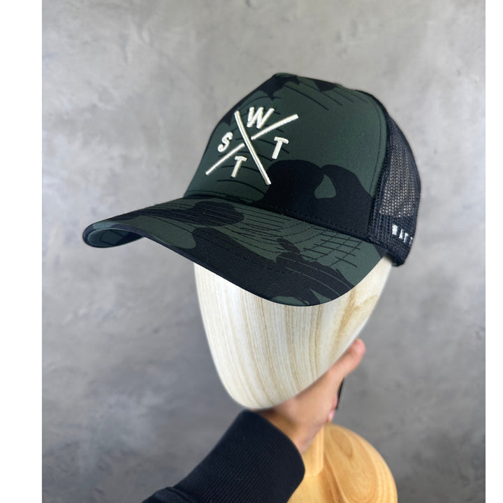 WATTS Tribe Cap Green black camo – front view, minimalist streetwear cap