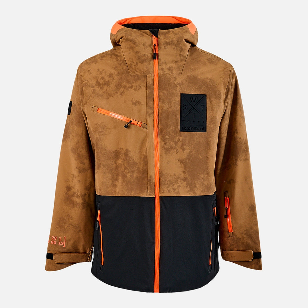 Brown and black jacket with orange accents on a white background