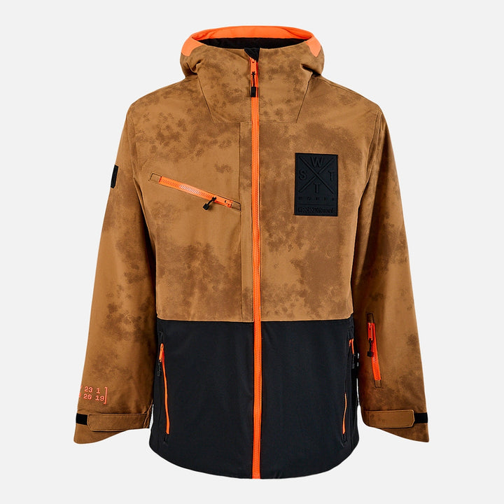 Brown and black jacket with orange accents on a white background
