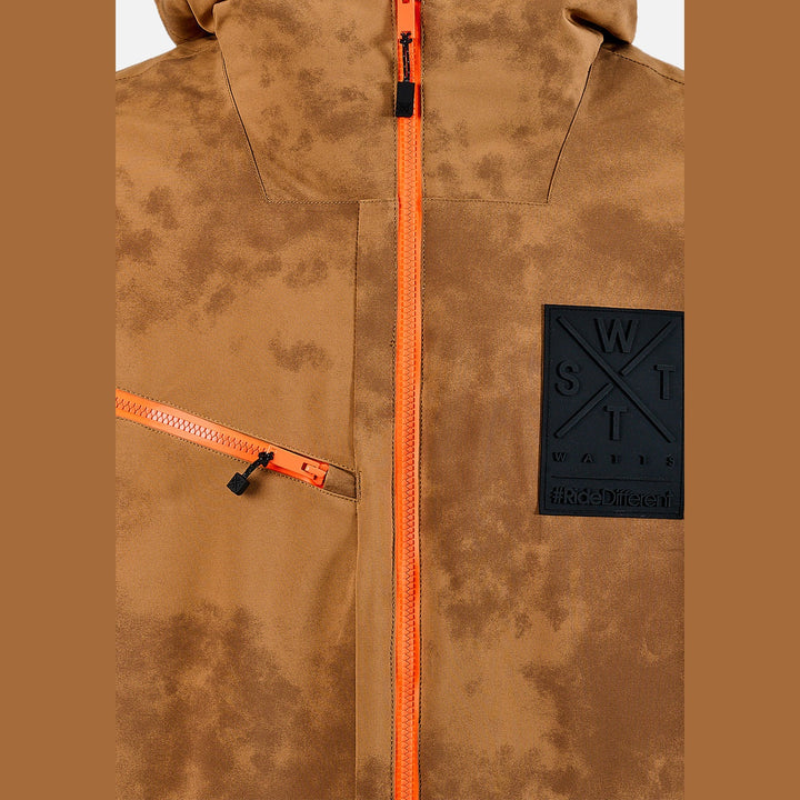 Brown jacket with orange zipper and visible brand logo on a white background