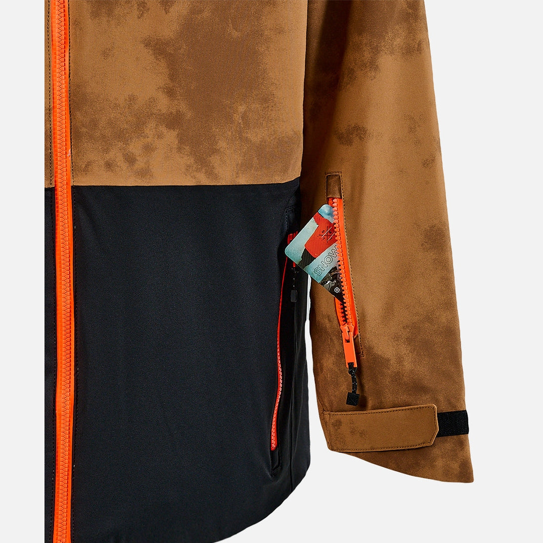 Close-up of a jacket with orange zipper and black panel on a white background