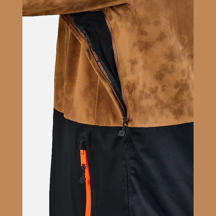 Close-up of a brown and black jacket with orange zipper detail on a white background