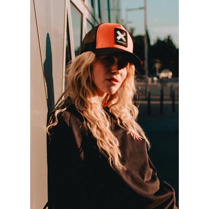 Front view of X-Tribe Cap Neon Coral, bright summer streetwear style.