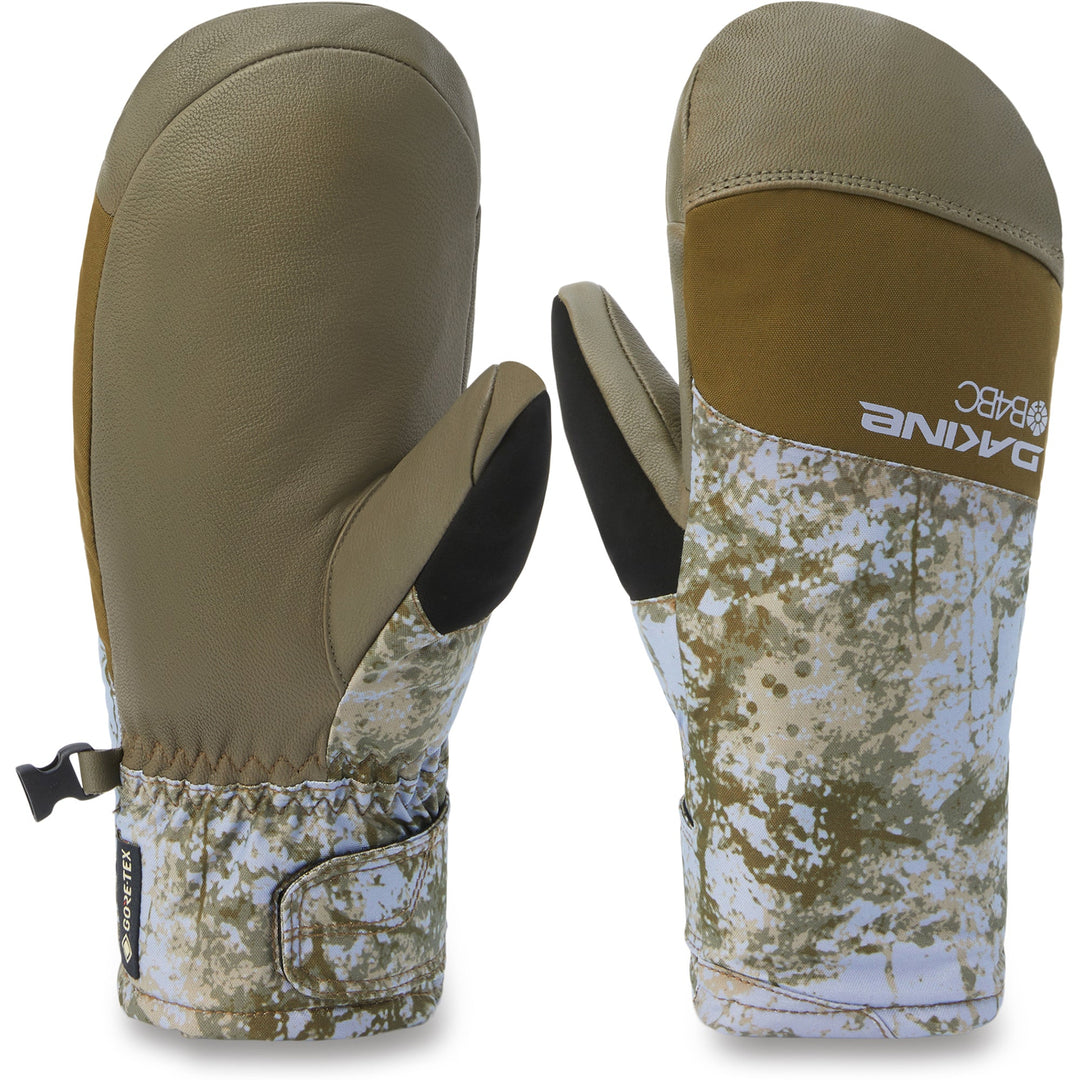 Pair of camouflage mittens with a visible brand logo on a white background