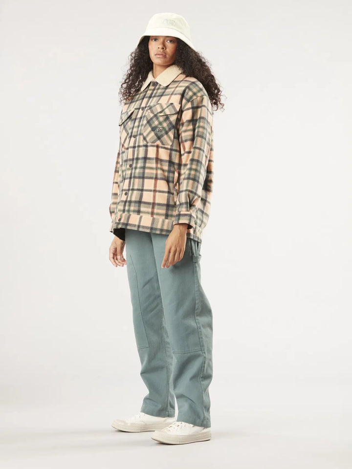 Picture Organic Clothing Gaiby Jacket in Plaid Toast with recycled insulation, full zip front, adjustable hood, and zippered hand pockets.