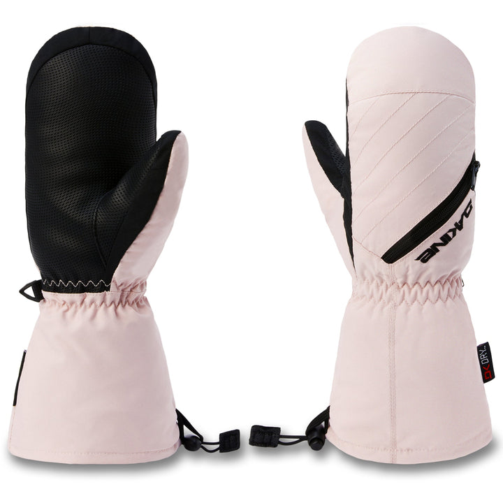 Pair of pink and black mittens with brand logo on a white background
