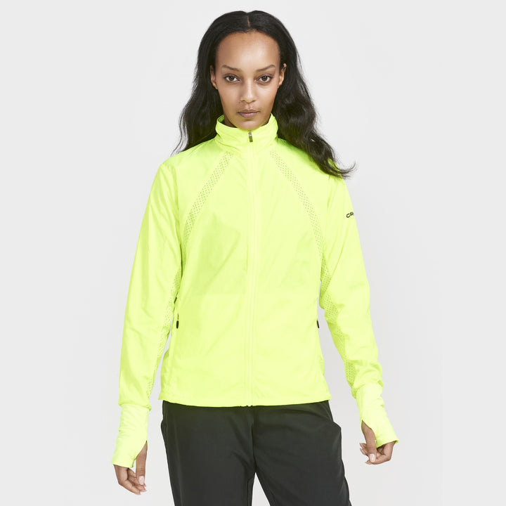 Craft ADV Essence Wind Jacket Women Yellow Model Wearing Outdoor