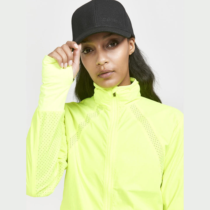 Craft ADV Essence Wind Jacket Women Yellow Model Wearing Outdoor