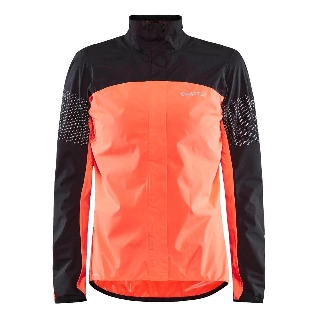 Craft CORE Endur Lumen Hydro Women’s Cycling Jacket in Black Shock with orange reflective back panel, shown from rear