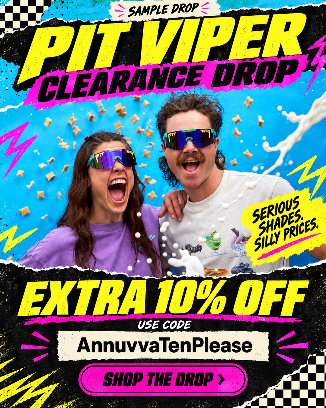 Pit Viper clearance drop. Extra 10% off with code AnnuvvaTenPlease. Shop the drop at Sample Drop.